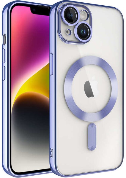 Apple iPhone 14 Plus Mag Safe Özellikli Lens Korumalı Logo Gösteren Şeffaf Luxury Silikon Kılıf - Lila