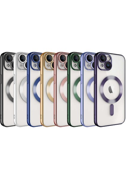 Apple iPhone 13 Mag Safe Özellikli Lens Korumalı Logo Gösteren Şeffaf Luxury Silikon Kılıf - Rose Gold indirimleri