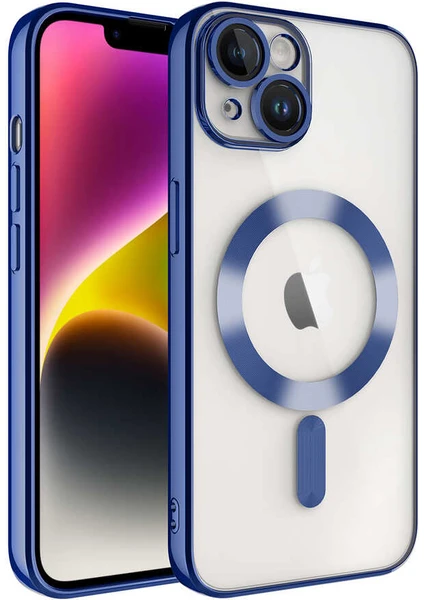 Caseart Apple iPhone 13 Mag Safe Özellikli Lens Korumalı Logo Gösteren Şeffaf Luxury Silikon Kılıf - Mavi