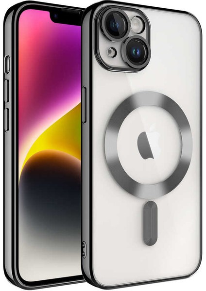 Apple iPhone 14 Mag Safe Özellikli Lens Korumalı Logo Gösteren Şeffaf Luxury Silikon Kılıf -Siyah