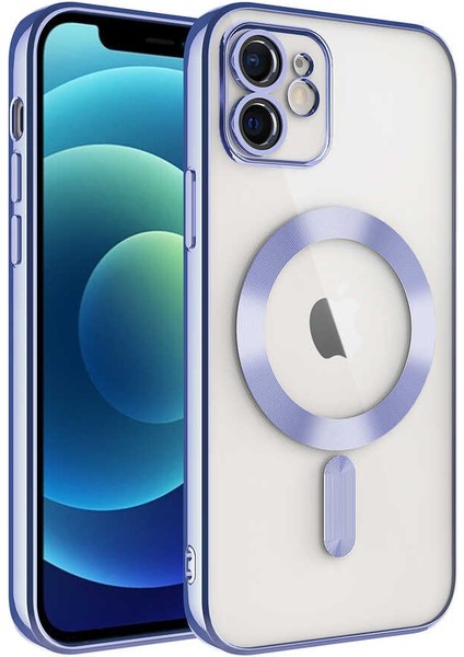 Apple iPhone 12 Mag Safe Özellikli Lens Korumalı Logo Gösteren Şeffaf Luxury Silikon Kılıf - Lila