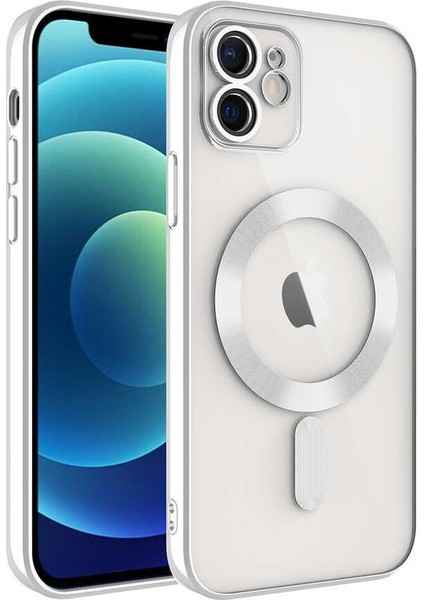 Apple iPhone 11 Mag Safe Özellikli Lens Korumalı Logo Gösteren Şeffaf Luxury Silikon Kılıf - Gümüş