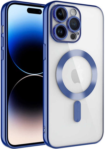 Apple iPhone 14 Pro Max Mag Safe Özellikli Lens Korumalı Logo Gösteren Şeffaf Luxury Silikon Kılıf - Mavi