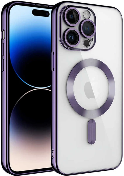 Caseart Apple iPhone 14 Pro Mag Safe Özellikli Lens Korumalı Logo Gösteren Şeffaf Luxury Silikon Kılıf - Mor