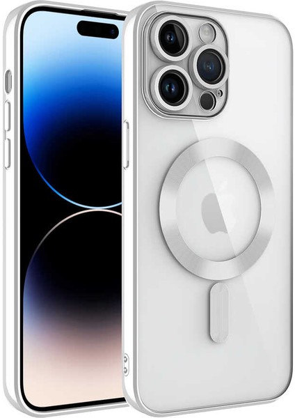 Apple iPhone 14 Pro Max Mag Safe Özellikli Lens Korumalı Logo Gösteren Şeffaf Luxury Silikon Kılıf - Gümüş