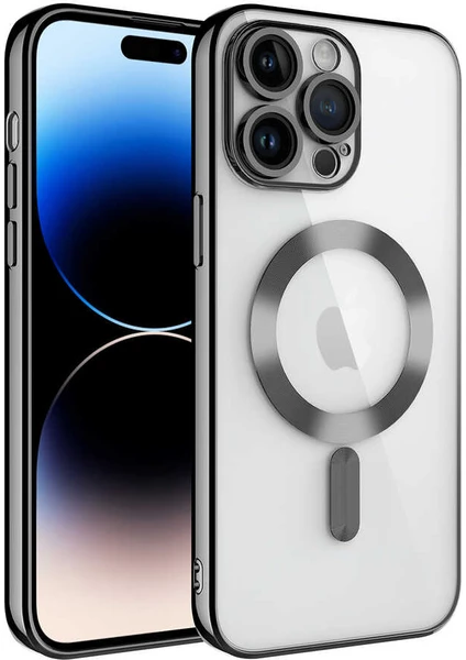 Kzy Apple iPhone 14 Pro Max Mag Safe Özellikli Lens Korumalı Logo Gösteren Şeffaf Luxury Silikon Kılıf -Siyah