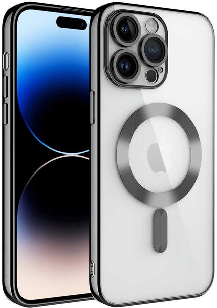 Apple iPhone 14 Pro Max Kapak Mag Safe Özellikli Lens Korumalı Logo Gösteren Şeffaf Luxury Silikon Kılıf -Siyah