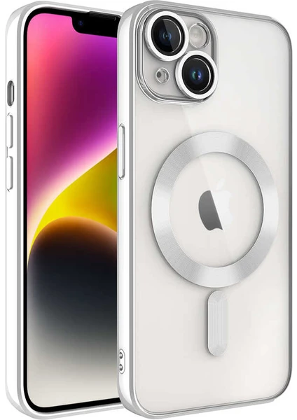 Apple iPhone 14 Plus Kapak Mag Safe Özellikli Lens Korumalı Logo Gösteren Şeffaf Luxury Silikon Kılıf - Gümüş