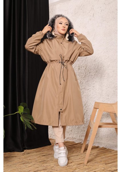 Bej Içi Kürklü ve Su Geçirmez Büyük Beden Battal Kadın Kışlık Mont & Kaban fiyatları