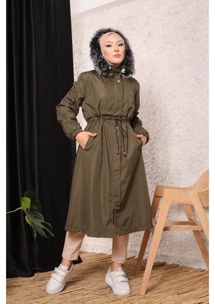 Haki Içi Kürklü ve Su Geçirmez Büyük Beden Battal Kadın Kışlık Mont & Kaban