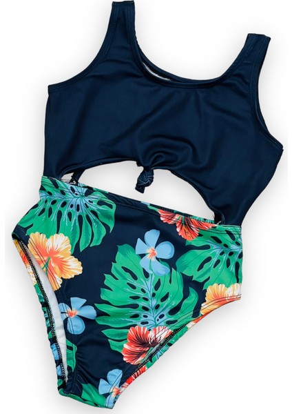 Kız Çocuk Göbek Bağlama Detaylı Siyah Renk Tropik Amazon Yaprak Detaylı Mayo / Mayokini