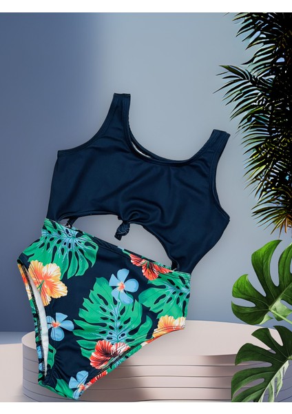 Kız Çocuk Göbek Bağlama Detaylı Siyah Renk Tropik Amazon Yaprak Detaylı Mayo / Mayokini fiyatları