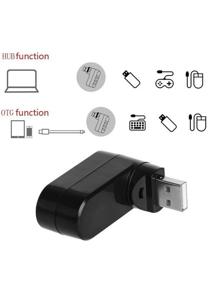 3 Portlu USB 2.0 Hub Döner Kafalı Splitter Hub Adaptör Siyah