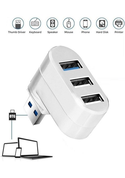 3 Portlu USB 2.0 Hub Döner Kafalı Splitter Hub Adaptör Beyaz