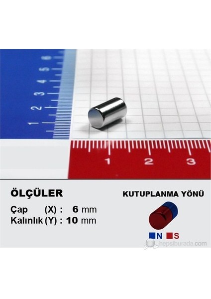 Neodyum Mıknatıs Silindir D6X10 mm (10'lu Paket)