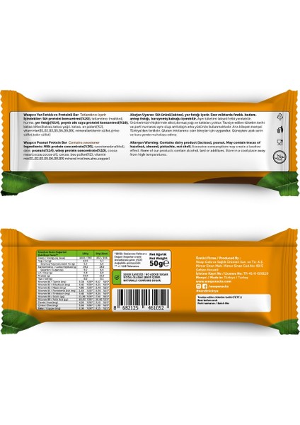 Waspco Yüksek Protein Bar - Yer Fıstık Ve Kakaolu 50g X 12 Adet