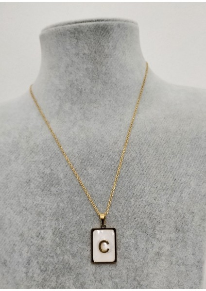 Kadın Sedef Taşlı Çelik C Harf Kolye