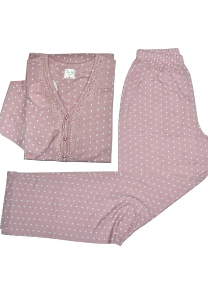 Kadın Pembe Beyaz Puanlı Bambu Uzun Kol Uzun Pantolon Orta Kalın Baharlık Rahat Pijama Takımı 19590