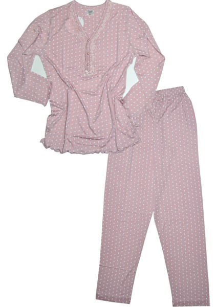 Kadın Pembe Beyaz Puanlı Bambu Uzun Kol Uzun Pantolon Orta Kalın Baharlık Rahat Pijama Takımı 19590 fırsatları