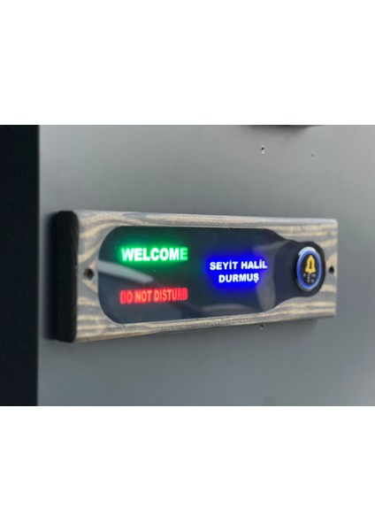 Back Home LED Işıklı Isimli Dekoratif Antrasit Gri Ahşap Kapı Zili Butonu