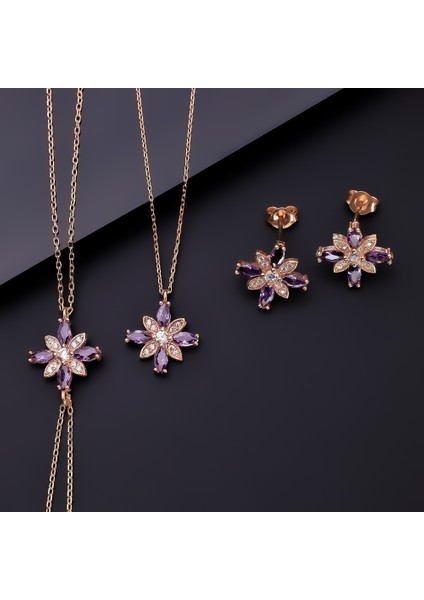 925 Ayar Gümüş Kamelya Çiçeği Kolye Küpe Bileklik Set