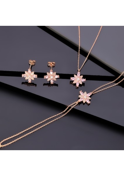 925 Ayar Gümüş Pembe Taşlı Kamelya Çiçeği Set