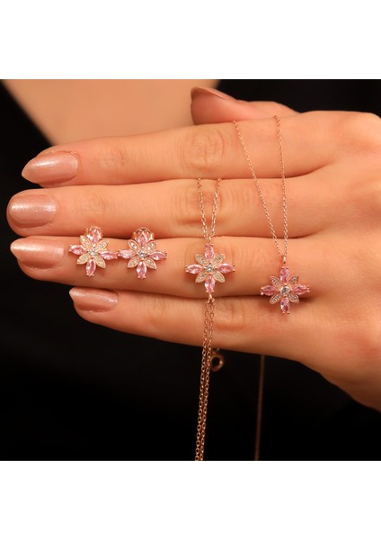 925 Ayar Gümüş Pembe Taşlı Kamelya Çiçeği Set fiyatları