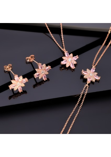 925 Ayar Gümüş Pembe Taşlı Kamelya Çiçeği Set fırsatları