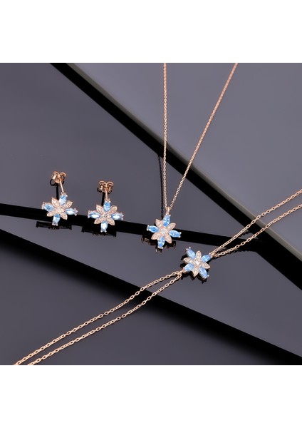 925 Ayar Gümüş Aquamarine Taşlı Kamelya Çiçeği Set