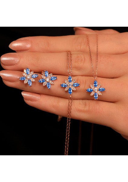 925 Ayar Gümüş Aquamarine Taşlı Kamelya Çiçeği Set fiyatları