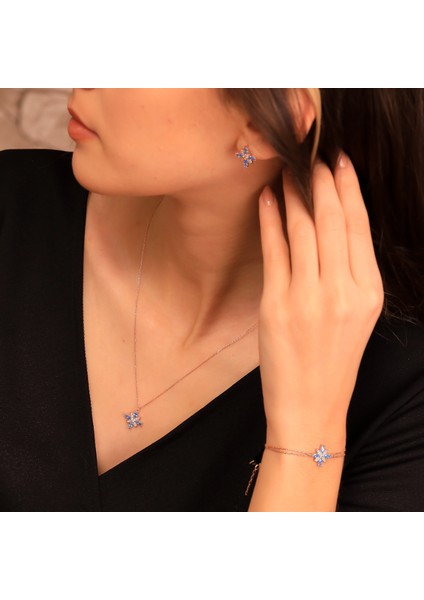 925 Ayar Gümüş Aquamarine Taşlı Kamelya Çiçeği Set modelleri