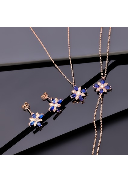 925 Ayar Gümüş Safir Taşlı Kamelya Çiçeği Set