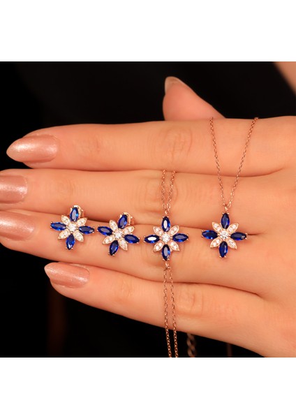 925 Ayar Gümüş Safir Taşlı Kamelya Çiçeği Set fiyatları