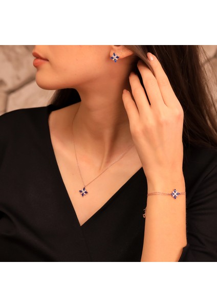 925 Ayar Gümüş Safir Taşlı Kamelya Çiçeği Set modelleri