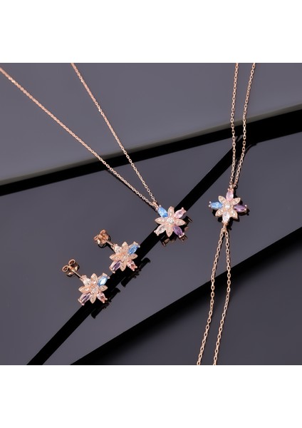 925 Ayar Gümüş Mix Taşlı Kamelya Çiçeği Set