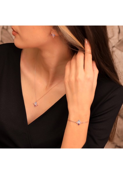 925 Ayar Gümüş Mix Taşlı Kamelya Çiçeği Set fırsatları