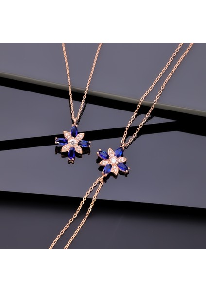 925 Ayar Gümüş Safir Taşlı Kamelya Çiçeği Kolye Bileklik Set