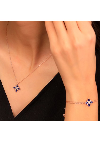 925 Ayar Gümüş Safir Taşlı Kamelya Çiçeği Kolye Bileklik Set fiyatları