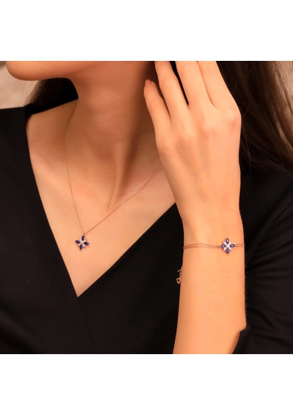 925 Ayar Gümüş Safir Taşlı Kamelya Çiçeği Kolye Bileklik Set modelleri