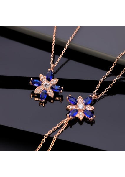 925 Ayar Gümüş Safir Taşlı Kamelya Çiçeği Kolye Bileklik Set fırsatları