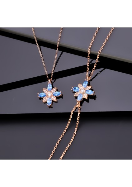 925 Ayar Gümüş Aquamarine Taşlı Kamelya Çiçeği Kolye Bileklik Set