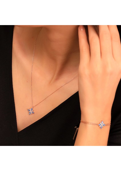 925 Ayar Gümüş Aquamarine Taşlı Kamelya Çiçeği Kolye Bileklik Set modelleri