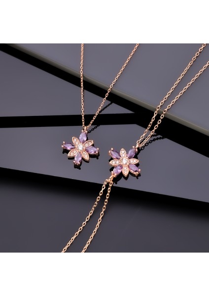 925 Ayar Gümüş Ametist Taşlı Kamelya Çiçeği Kolye Bileklik Set