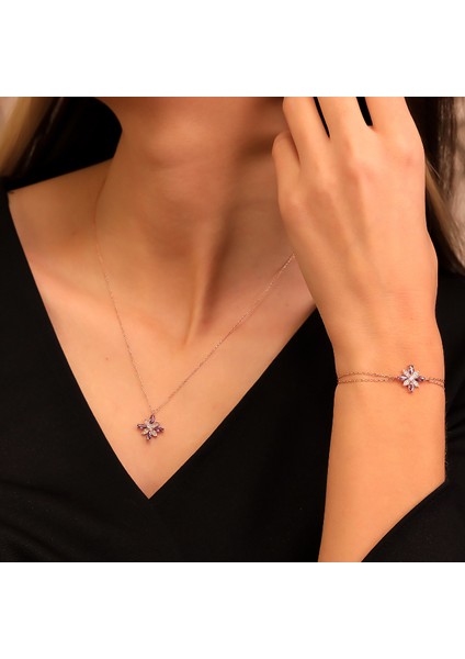 925 Ayar Gümüş Ametist Taşlı Kamelya Çiçeği Kolye Bileklik Set fiyatları