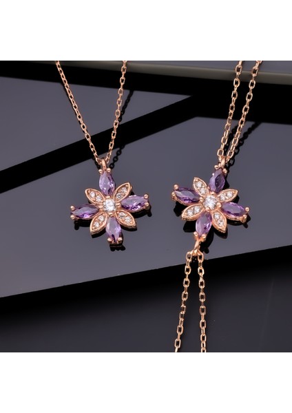925 Ayar Gümüş Ametist Taşlı Kamelya Çiçeği Kolye Bileklik Set fırsatları