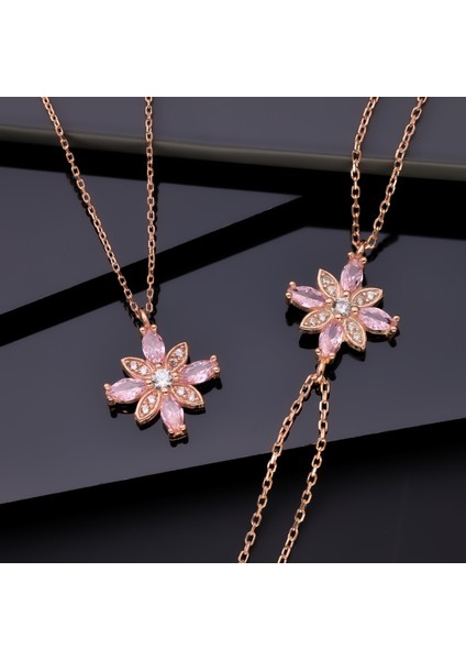 926 Ayar Gümüş Pembe Taşlı Kamelya Çiçeği Kolye Bileklik Set fırsatları