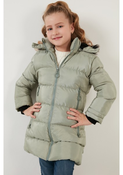Tüylü Kapüşonlu Cepli Şişme Mont Kız Çocuk Mont 5766038