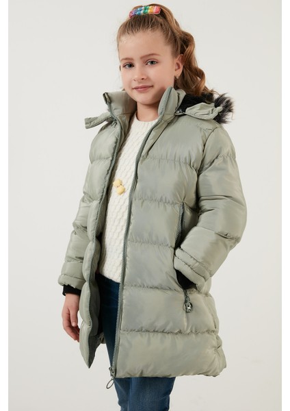 Tüylü Kapüşonlu Cepli Şişme Mont Kız Çocuk Mont 5766038