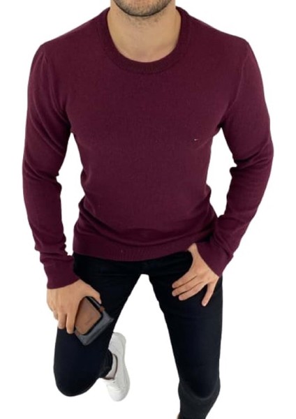 3455 Erkek Basic Sıfır Yaka Triko Kazak - Bordo