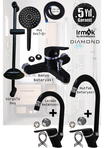 Irmak Banyo Bataryası, Musluk Armatür Lavabo Batarya Havluluk Köşelik Diamond Duş Başlığı Banyo